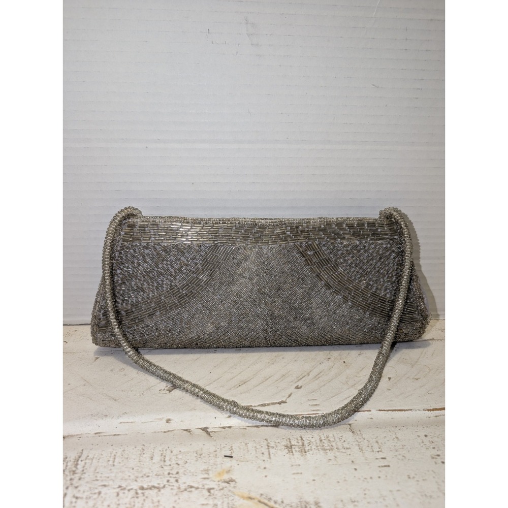 Vintage Bijoux Terner Gray Satin Beaded Evening Hand Bag Classic Old Money Retro